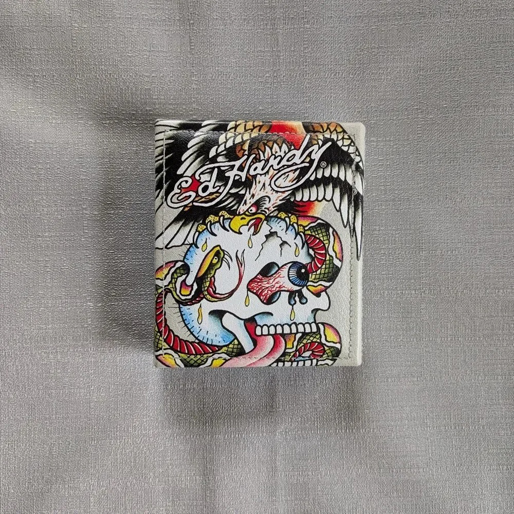 Ed Hardy Skull And Rose Tattoo Print Faux Leather Wallet NEW!